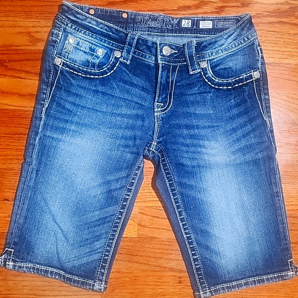 Miss Me Blue and Cream Jean Shorts with Distressed Look